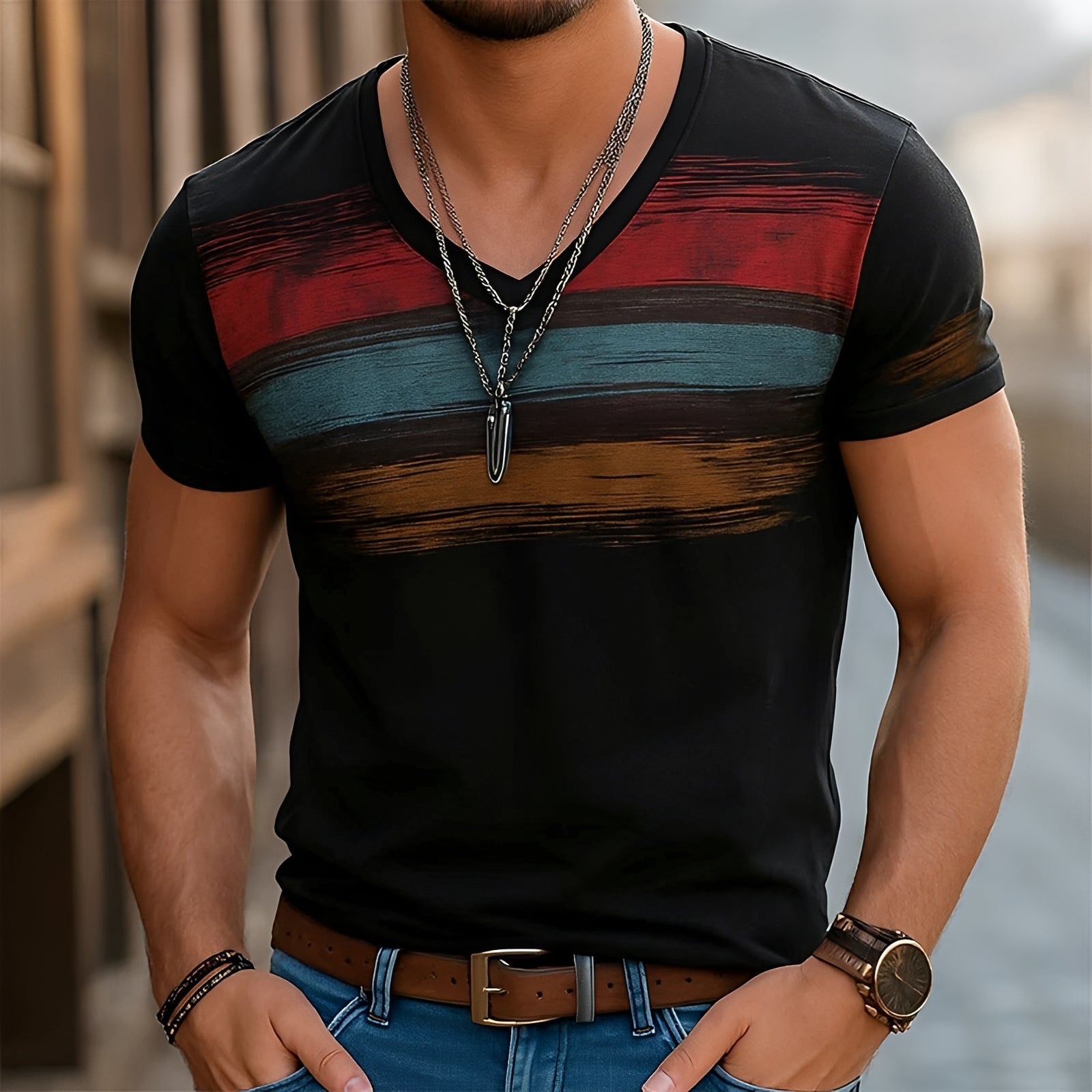 Kyle - Stylowy T-Shirt z Nadrukiem i Dekoltem V