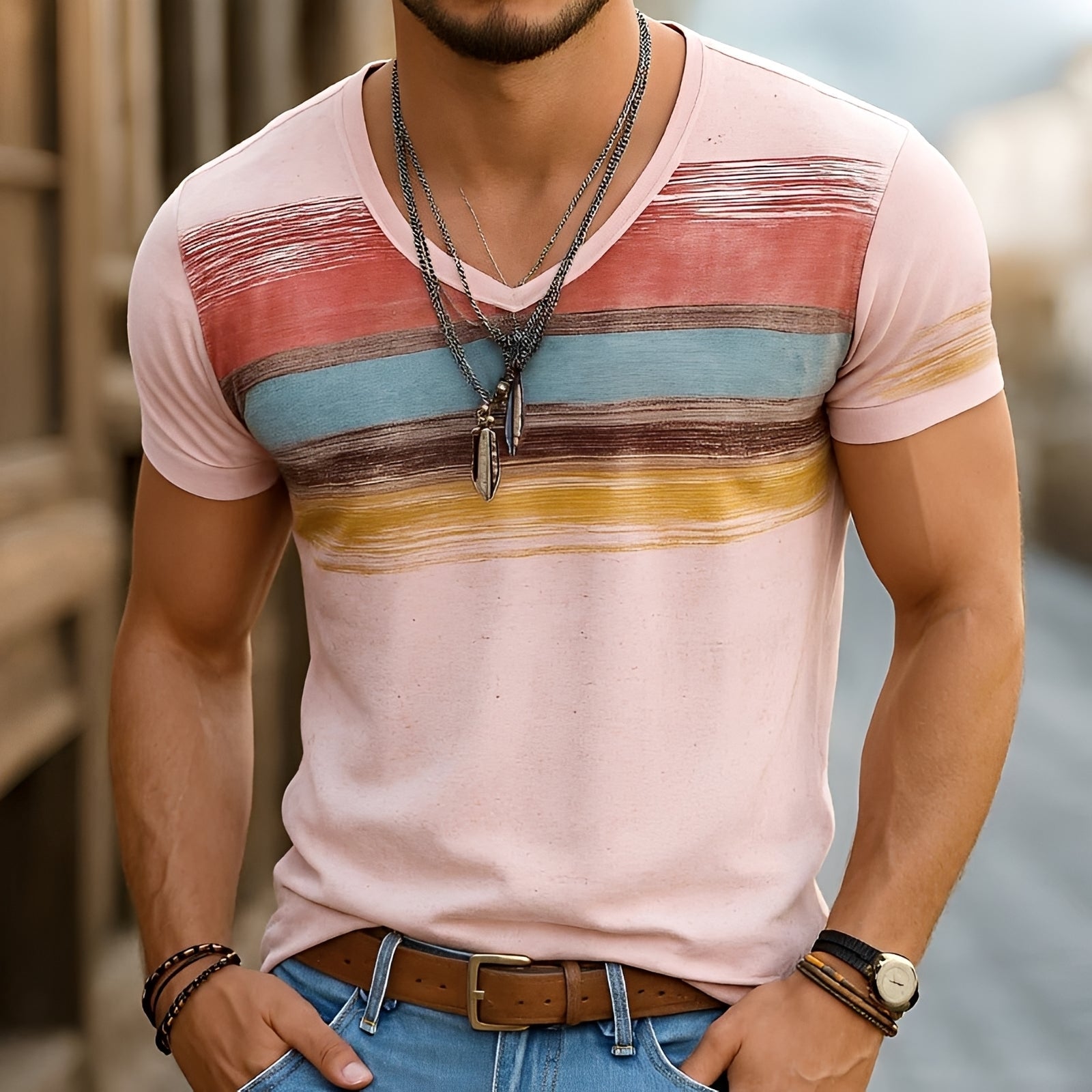 Kyle - Stylowy T-Shirt z Nadrukiem i Dekoltem V