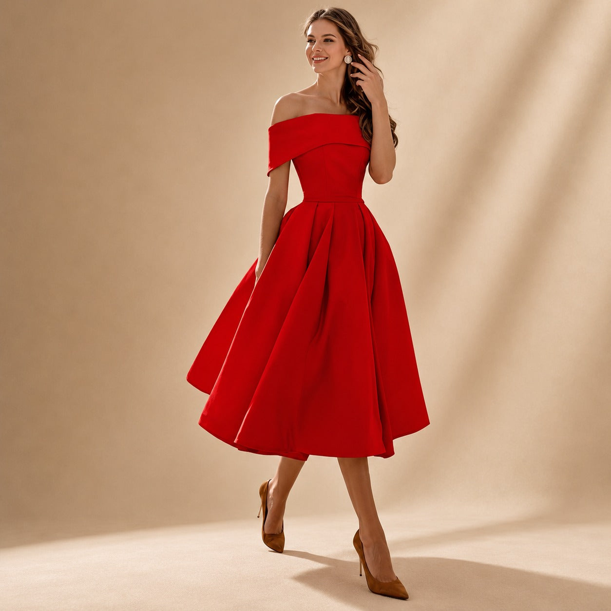 Erika - Elegancka Sukienka z Odkrytymi Ramionami