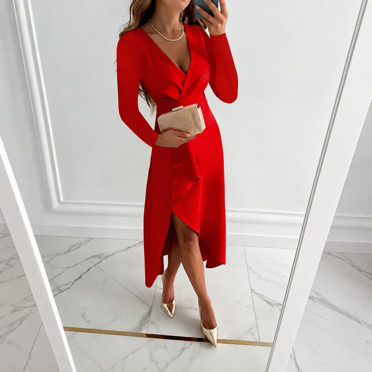 Shannon - Elegancka plisowana sukienka z długim rękawem