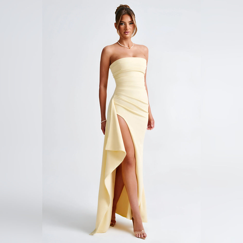 Elena – Suknia maxi bez ramion z rozcięciem