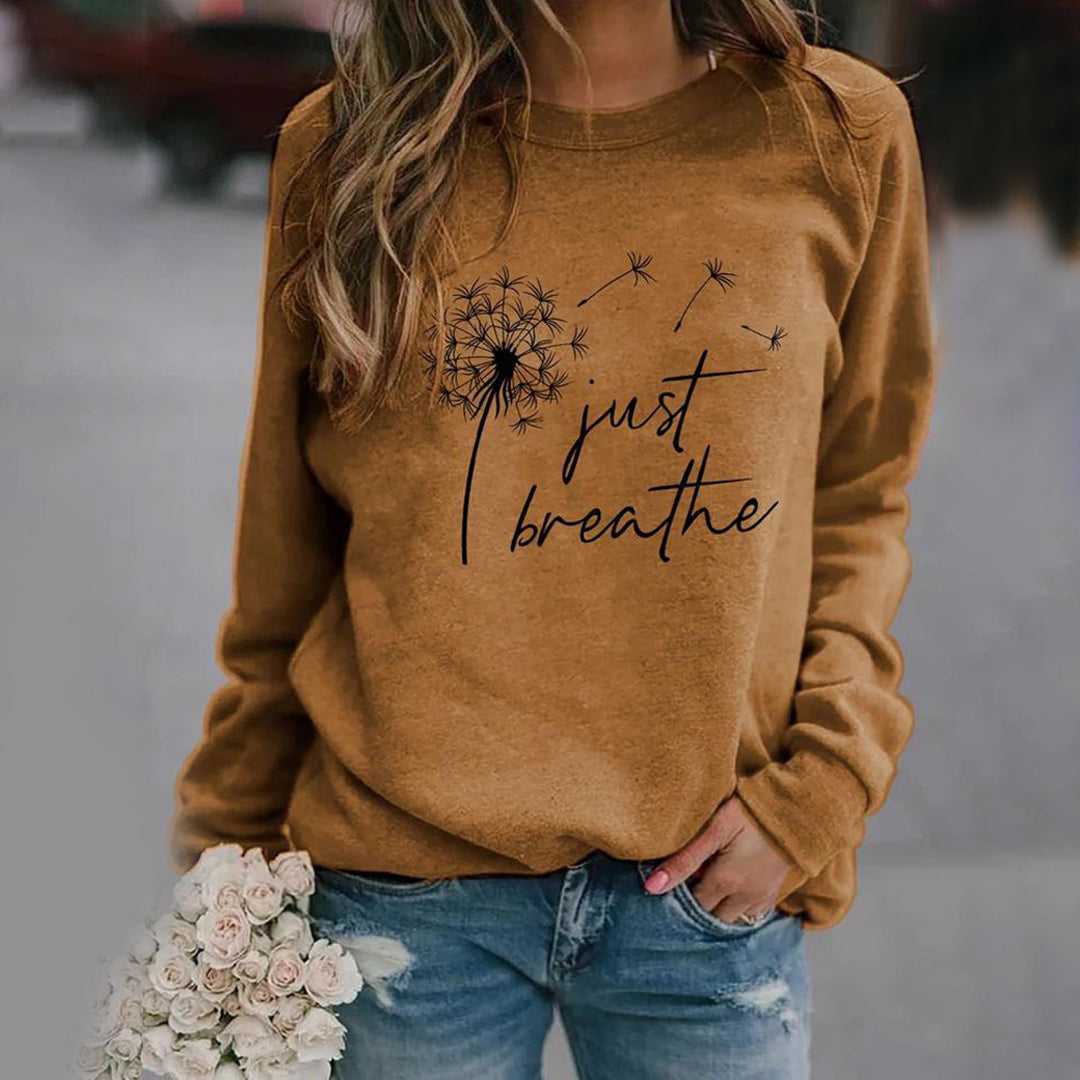 Bluza damska z motywem 'Just Breathe' - luźny krój, długie rękawy, okrągły dekolt