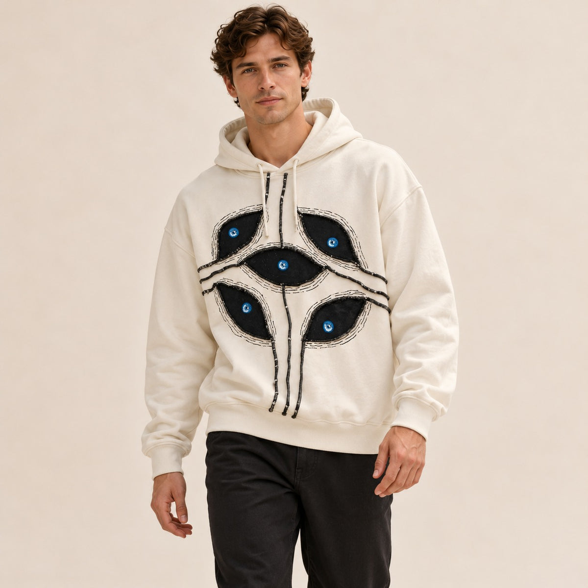Bluza z kapturem mężczyźni, crop oversize z patchworkiem oczu i kapturem z regulowanym sznurkiem