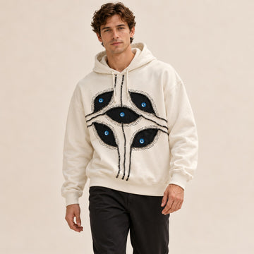 Bluza z kapturem mężczyźni, crop oversize z patchworkiem oczu i kapturem z regulowanym sznurkiem