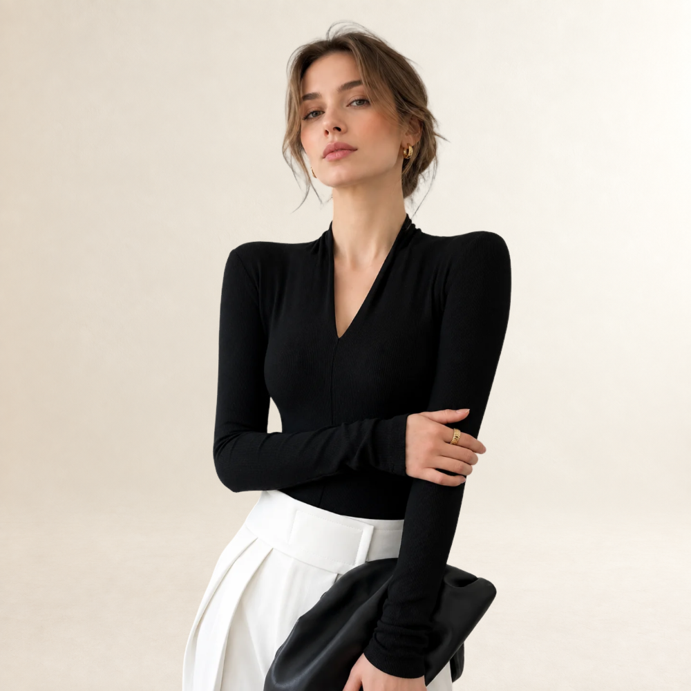 Bluzka damska długi rękaw V-neck regularny krój slim sylwetka