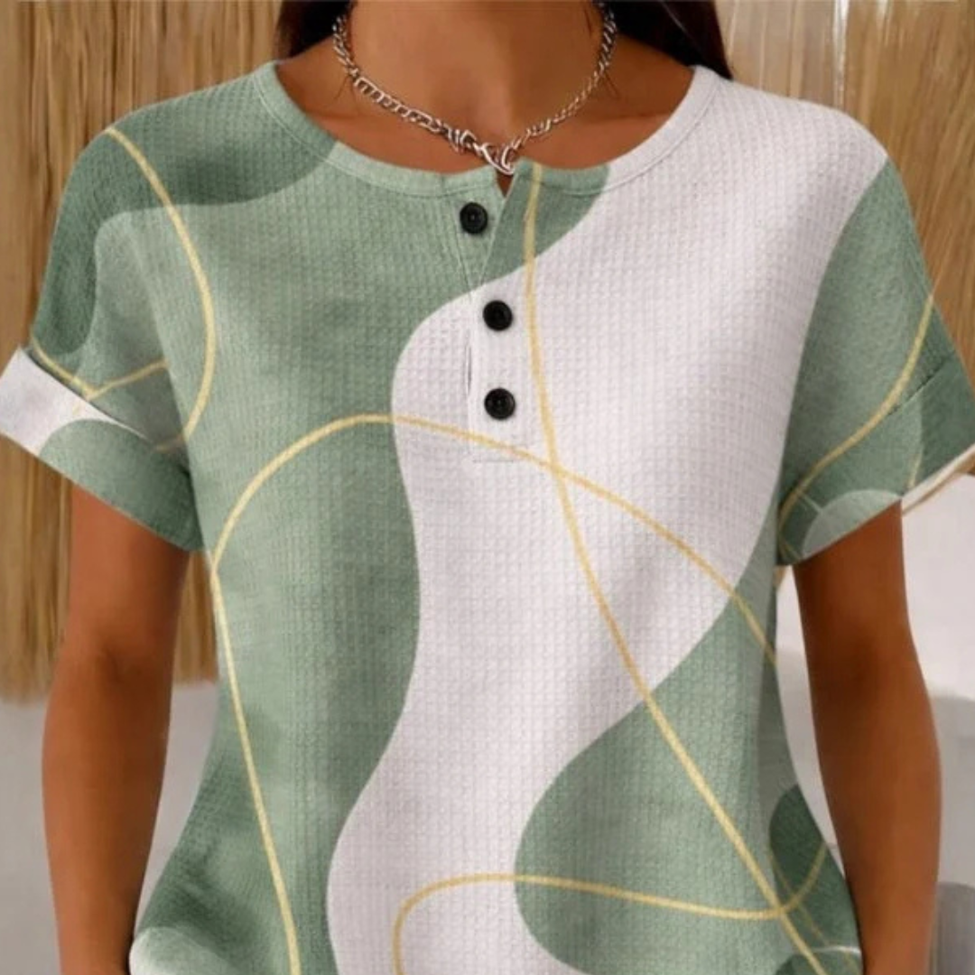 Bluzka damska z krótkim rękawem, zapięcie na 3 guziki Henley, okrągły dekolt, luźny krój, abstrakcyjny print colorblock