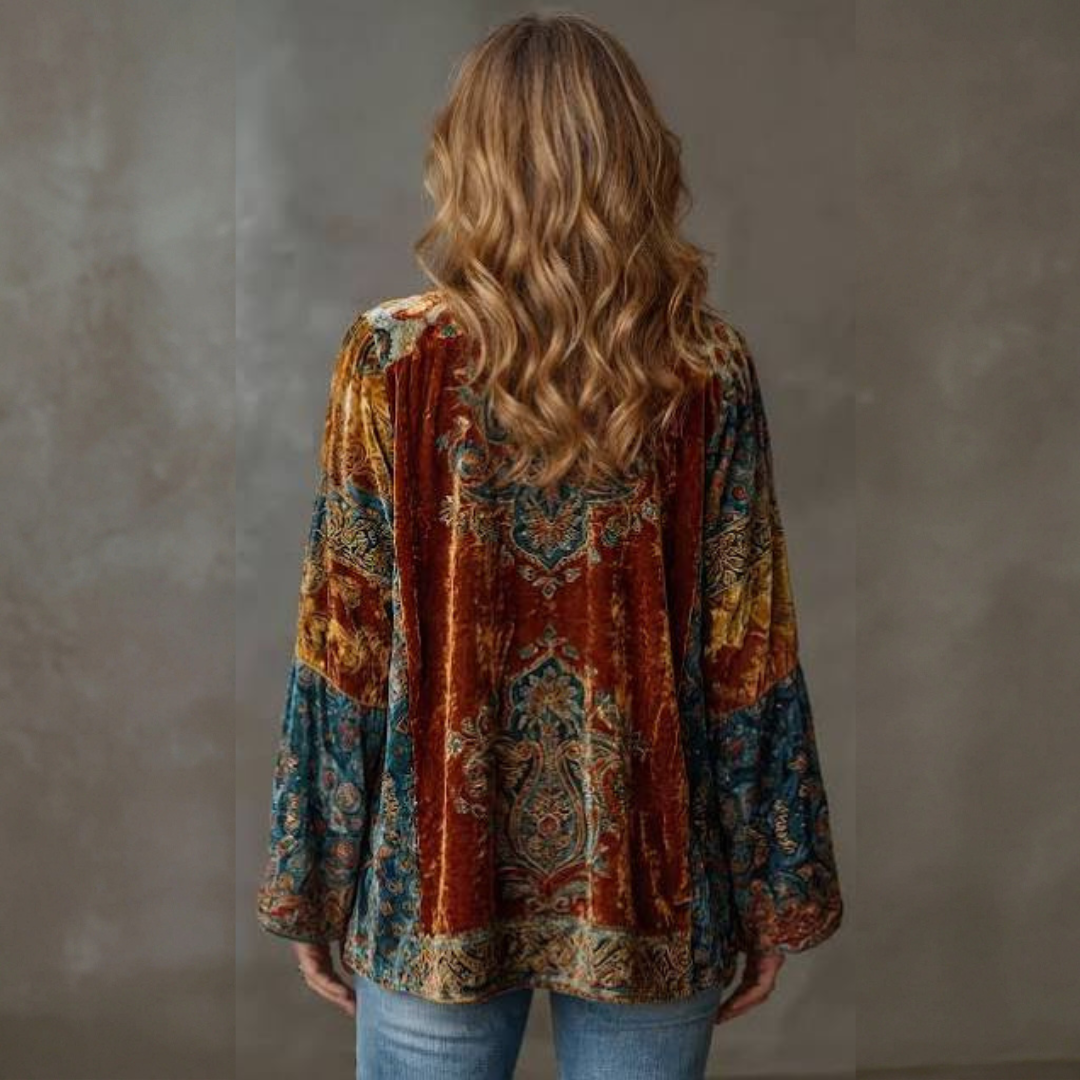 Cardigan dla kobiet Kimono - luźny krój, otwarte rękawy koturnowe, haftowane motywy boho
