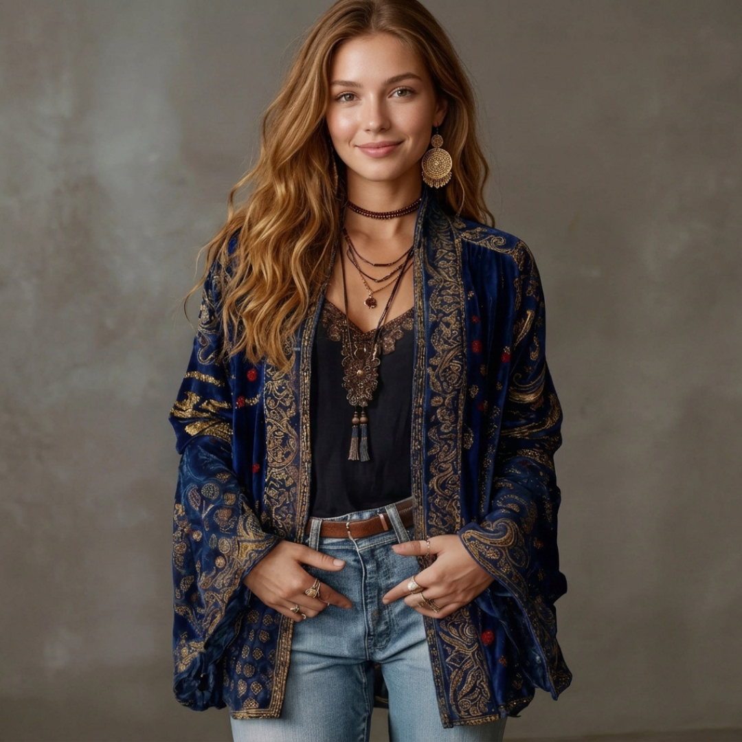 Cardigan dla kobiet Kimono - luźny krój, otwarte rękawy koturnowe, haftowane motywy boho