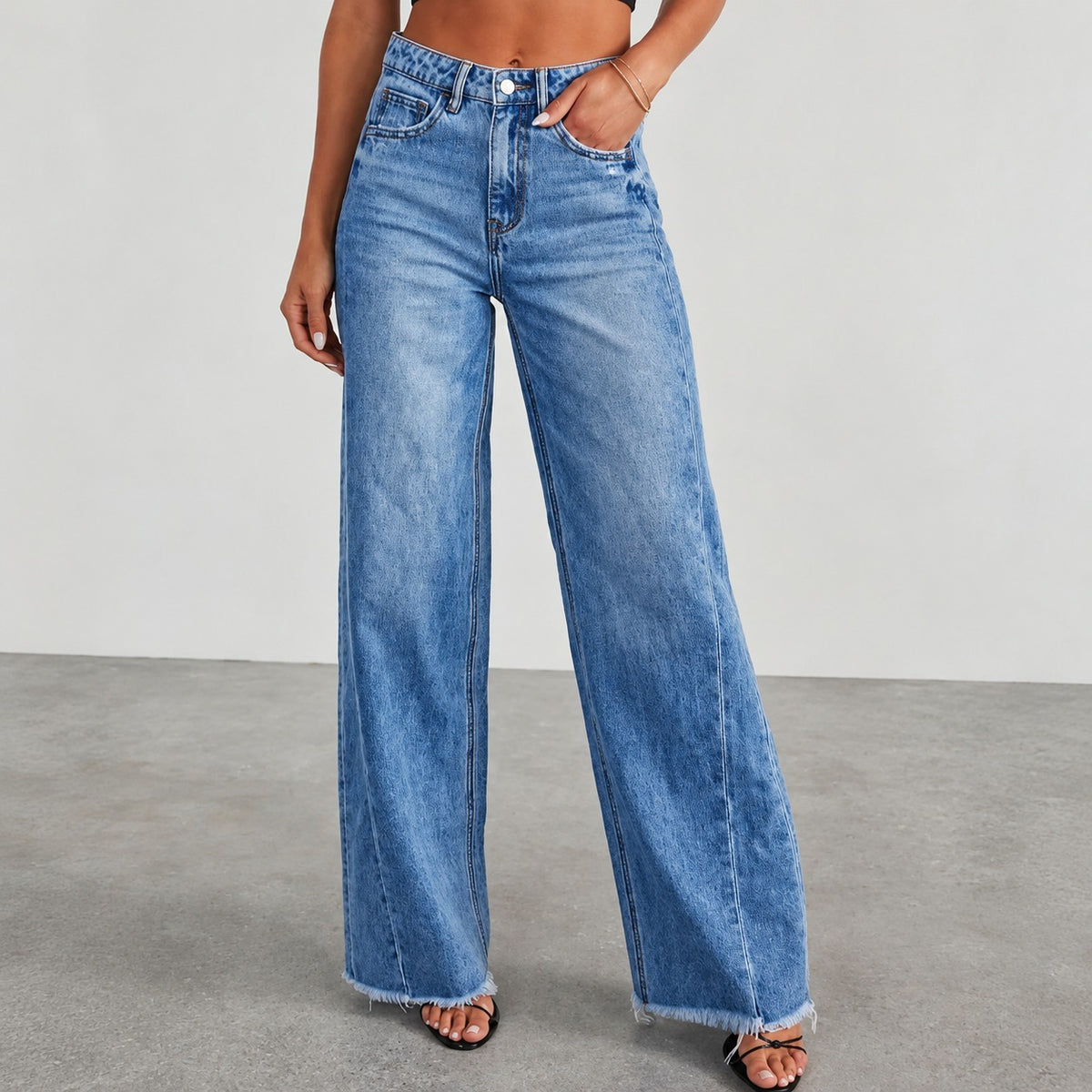 Dżinsy damskie szerokie nogawki wysokie w stylu distressed - luźny krój