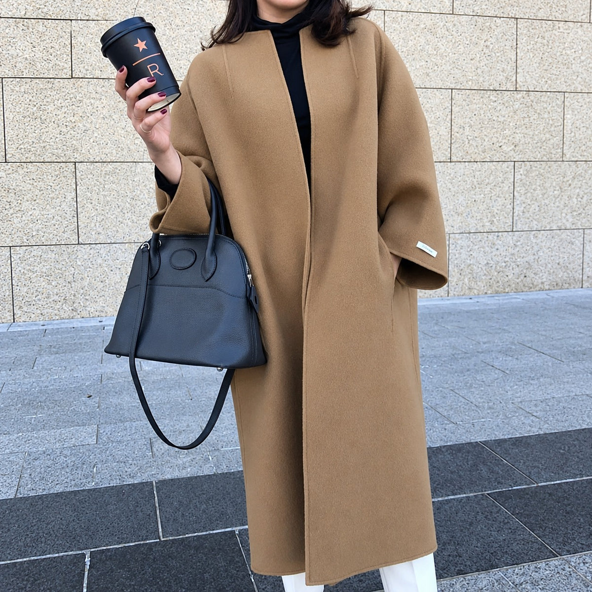 Długi damski płaszcz z rozcięciem z przodu, oversize, kimono rękawy