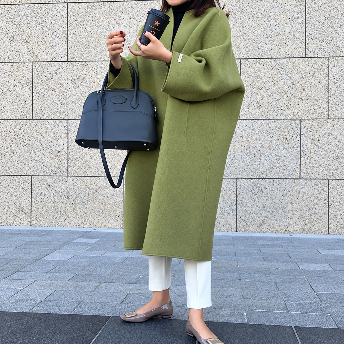 Długi damski płaszcz z rozcięciem z przodu, oversize, kimono rękawy