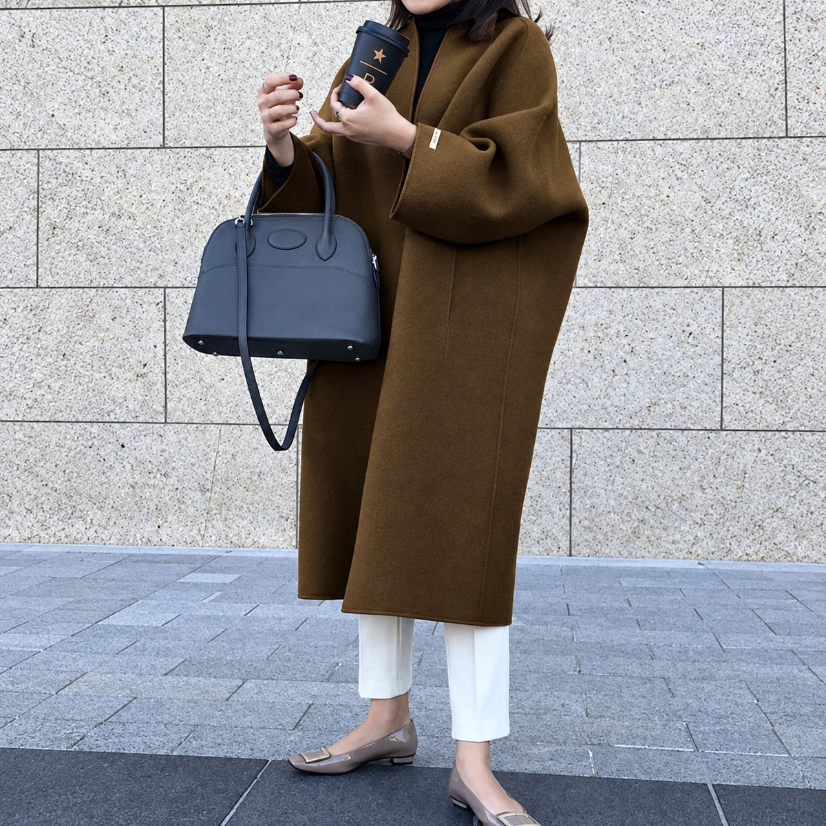 Długi damski płaszcz z rozcięciem z przodu, oversize, kimono rękawy