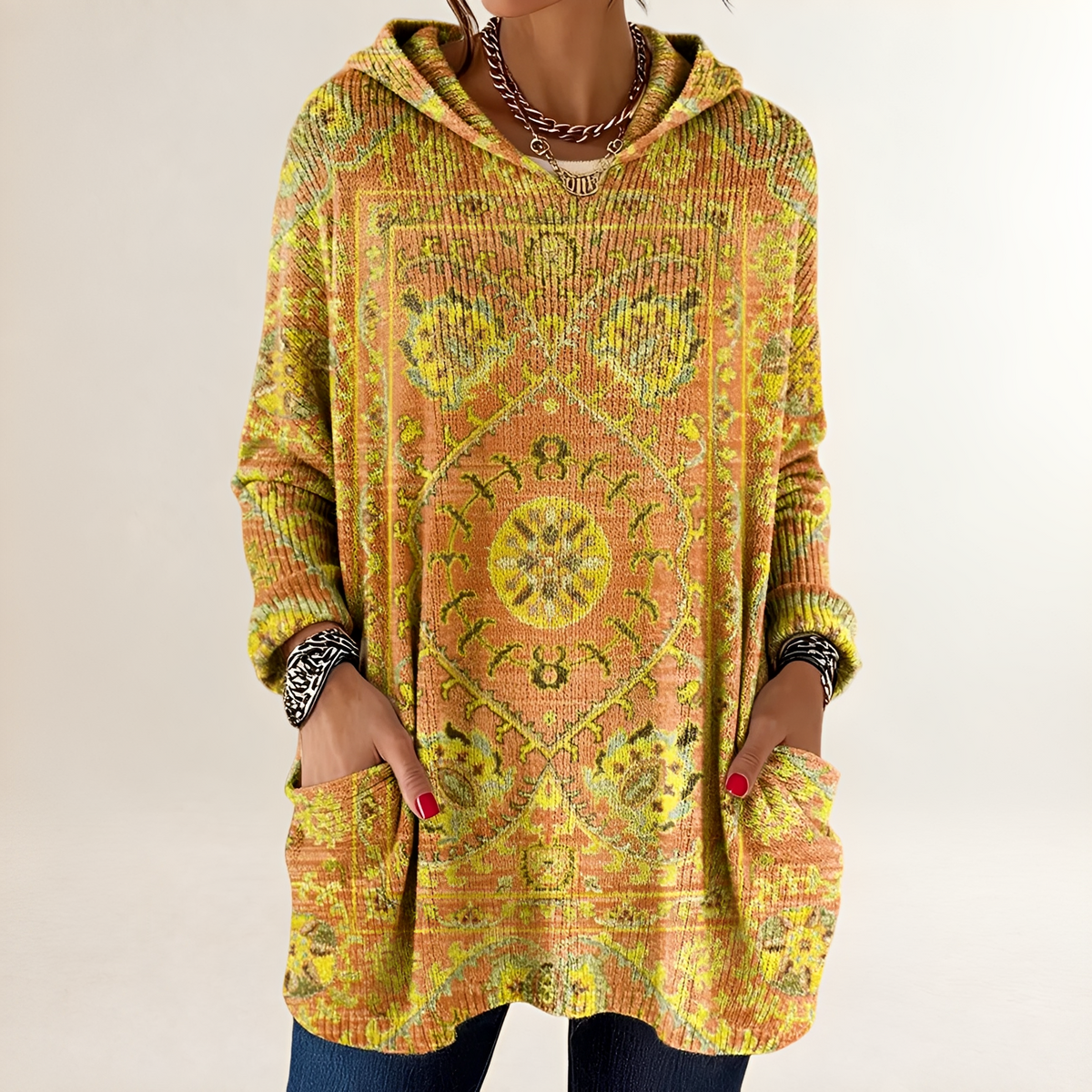 Damska bluza hoodie tunikowa z kieszeniami i nadrukiem etnicznym