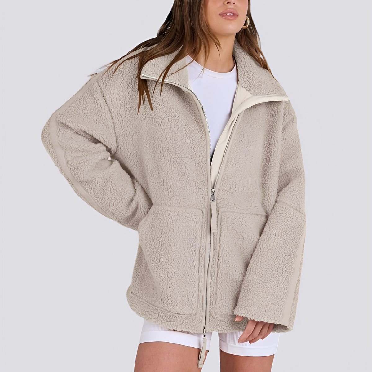 Damska kurtka teddy oversize z zamkiem i kieszeniami