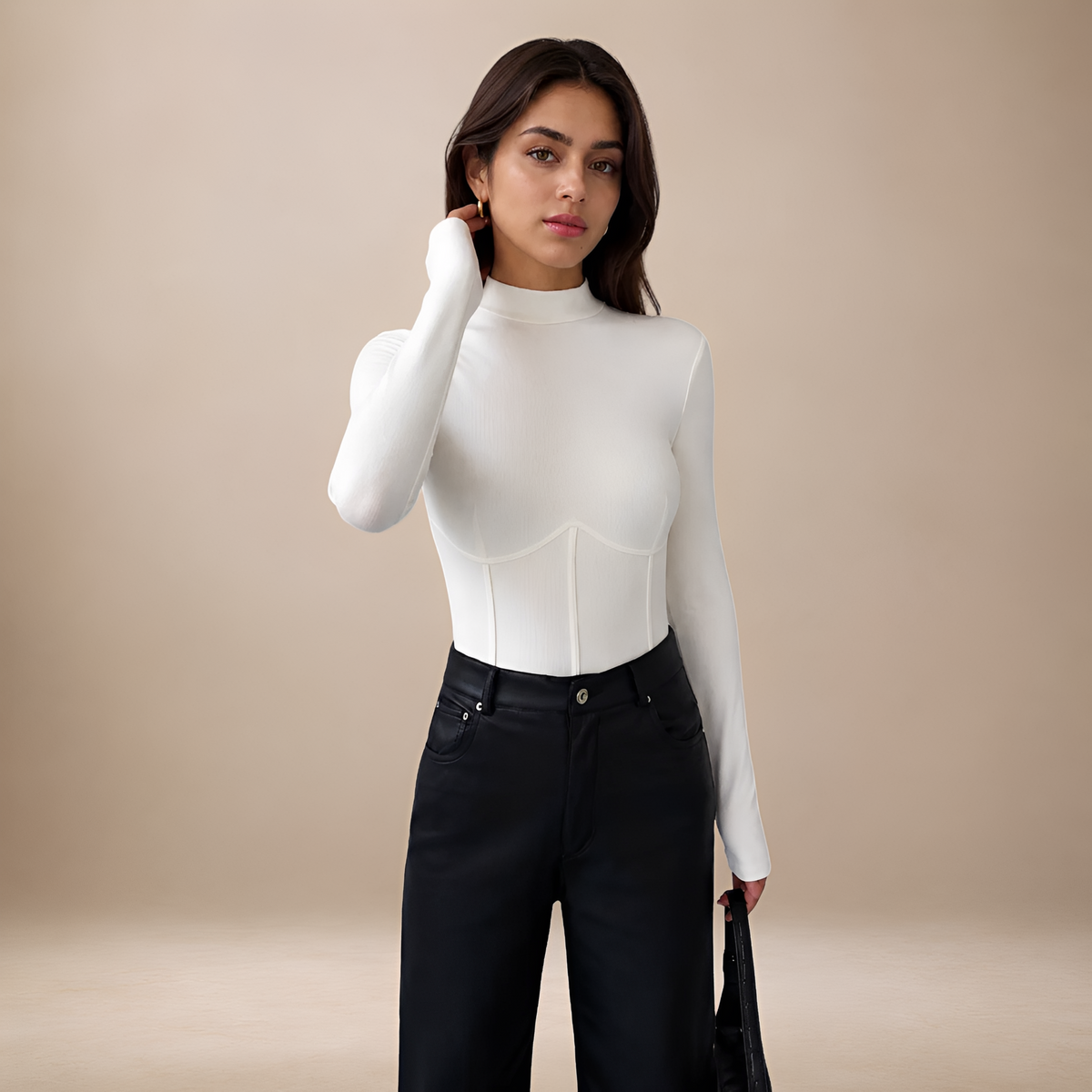 Damska longsleeve z golfem i korzetowym wzorem slim fit