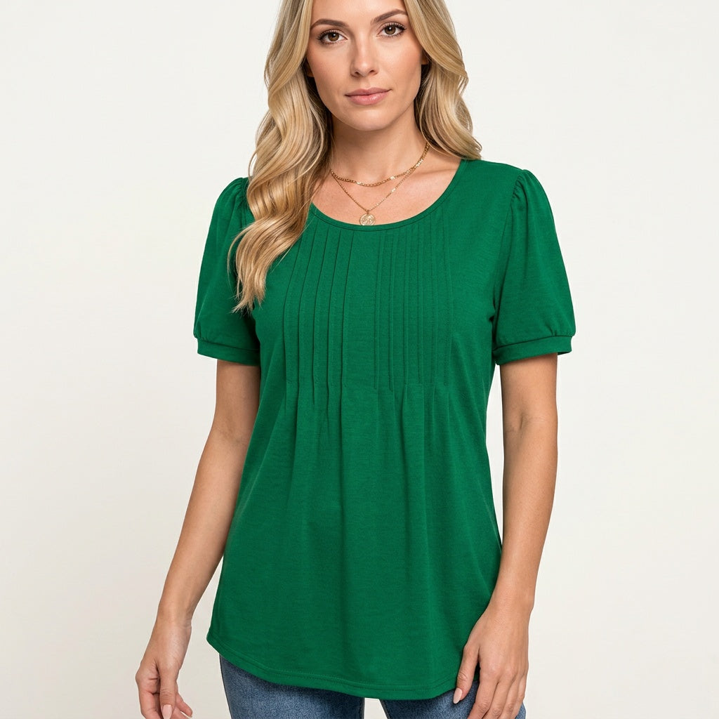 Damska T-shirt z krótkim rękawem i plisowanym detalem - luźny krój