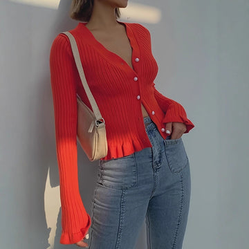 Damski kardigan z guzikami długi rękaw slim fit