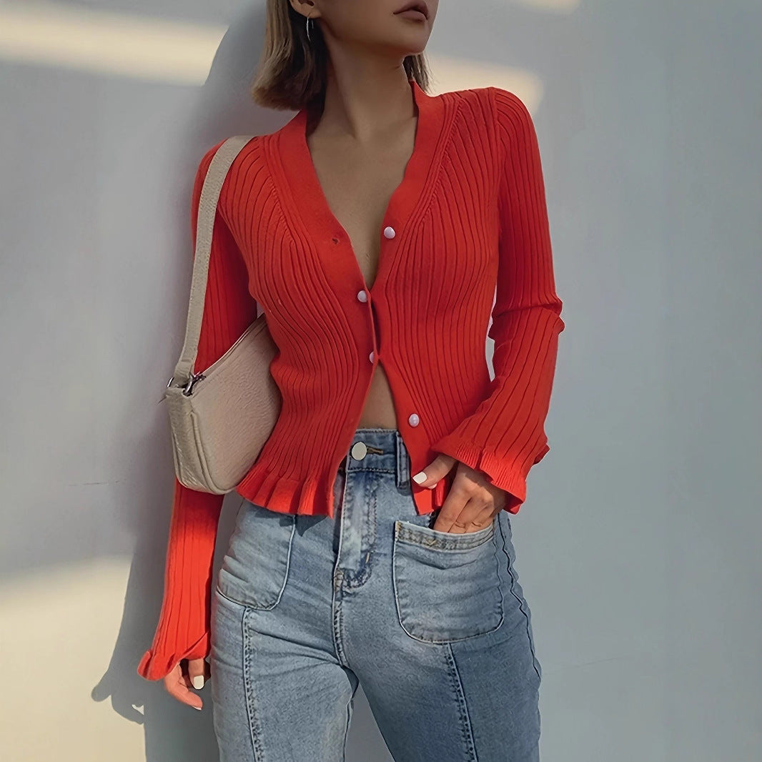 Damski kardigan z guzikami długi rękaw slim fit