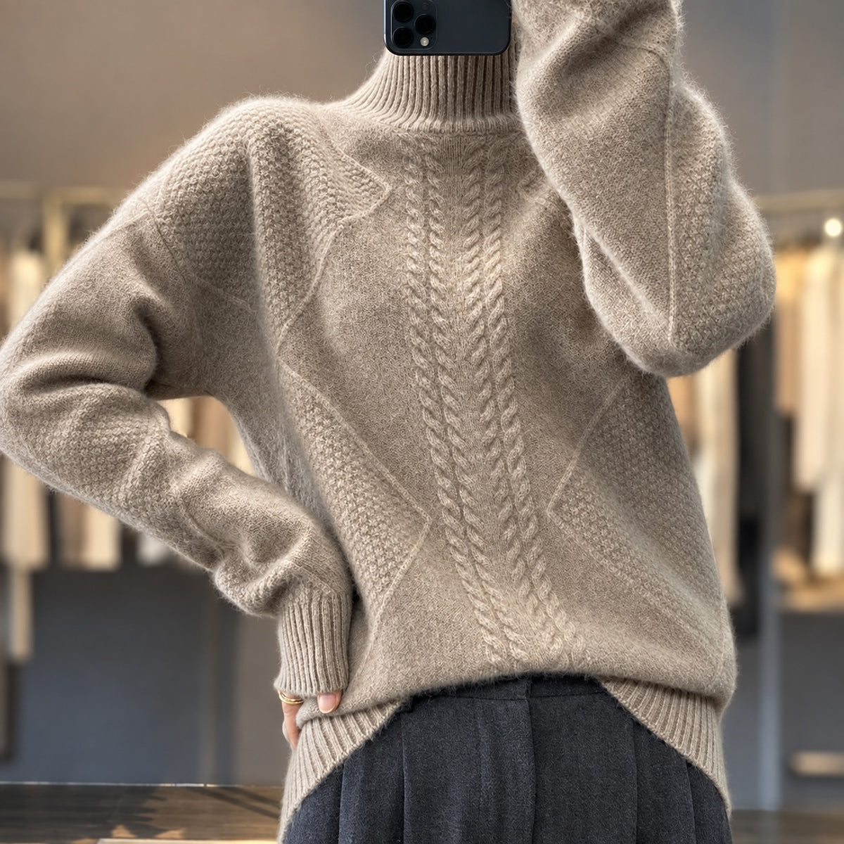 Damski sweter golf z teksturowanym wzorem luźny krój