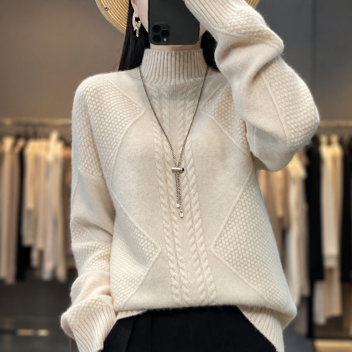 Damski sweter golf z teksturowanym wzorem luźny krój
