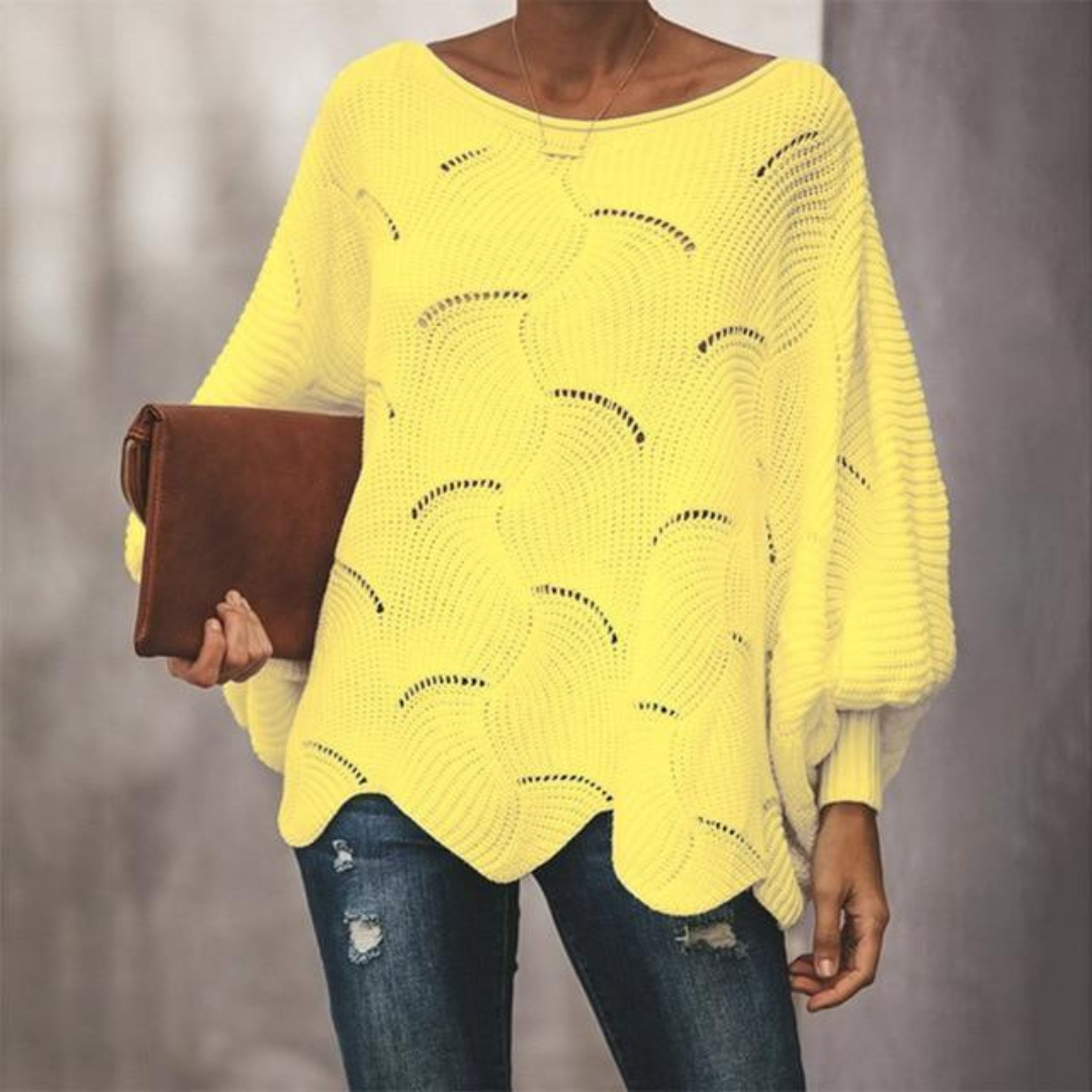 Damski sweter oversize z dekoltem w łódkę, balonowe rękawy, falisty brzeg, ściągane mankiety