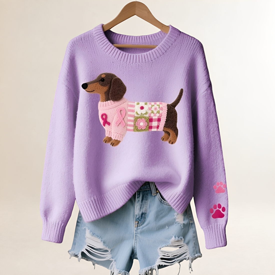 Damski sweter z motywem jamnika w patchworku dekolt V luźny krój