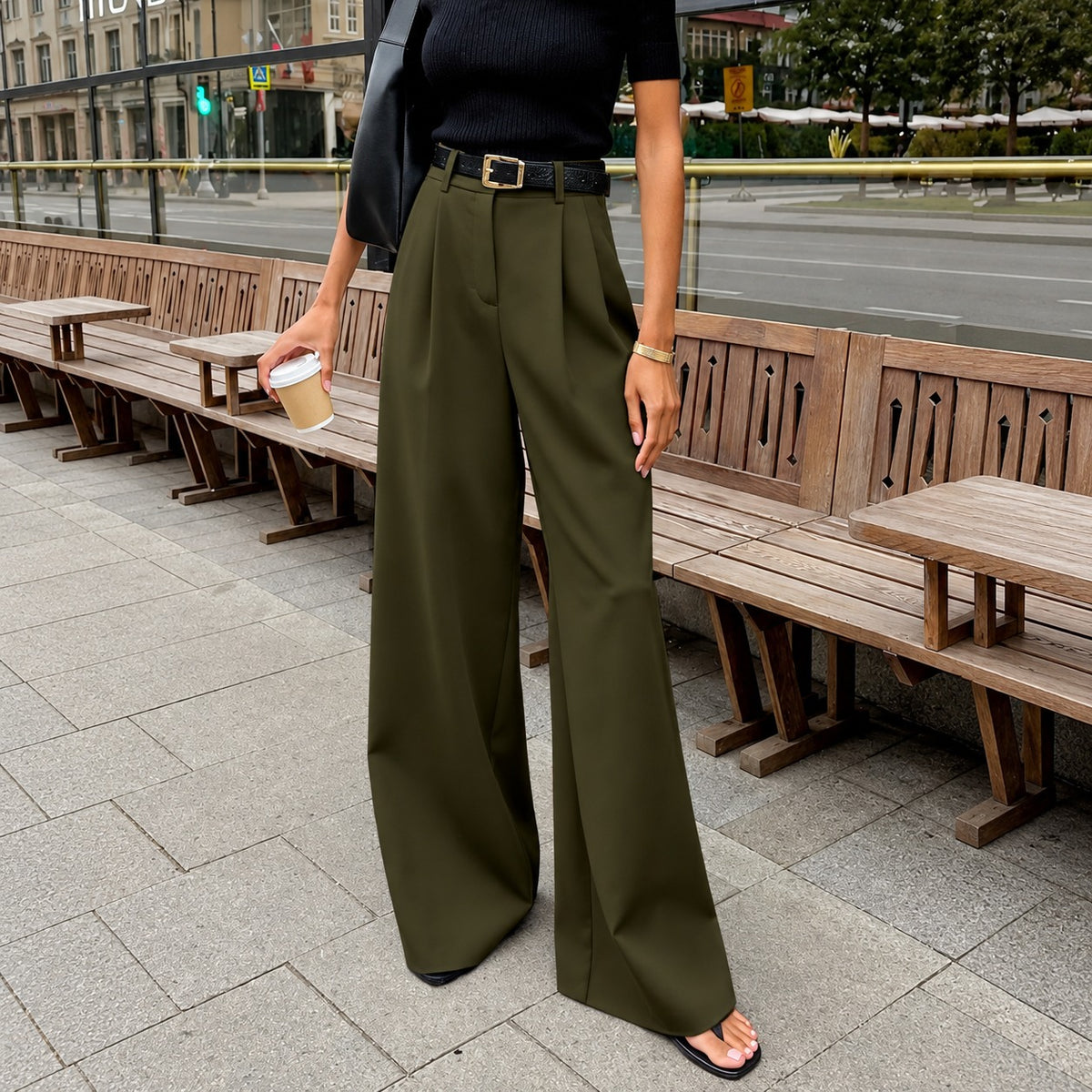 Damskie spodnie wide leg wysokie waisted z plisowanym detalem