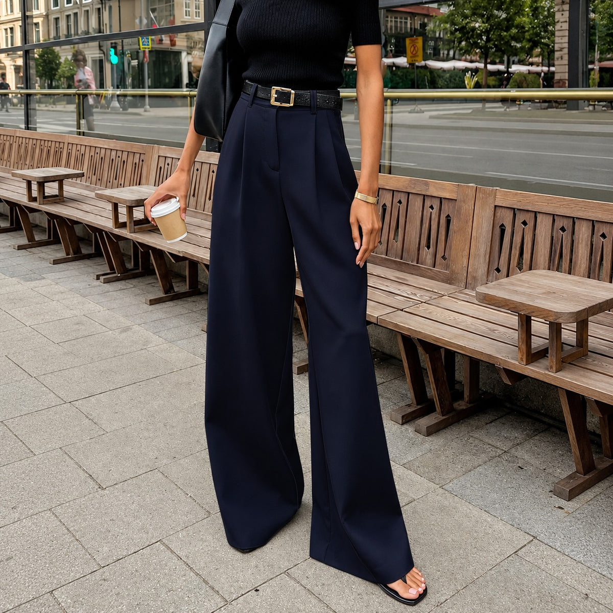Damskie spodnie wide leg wysokie waisted z plisowanym detalem