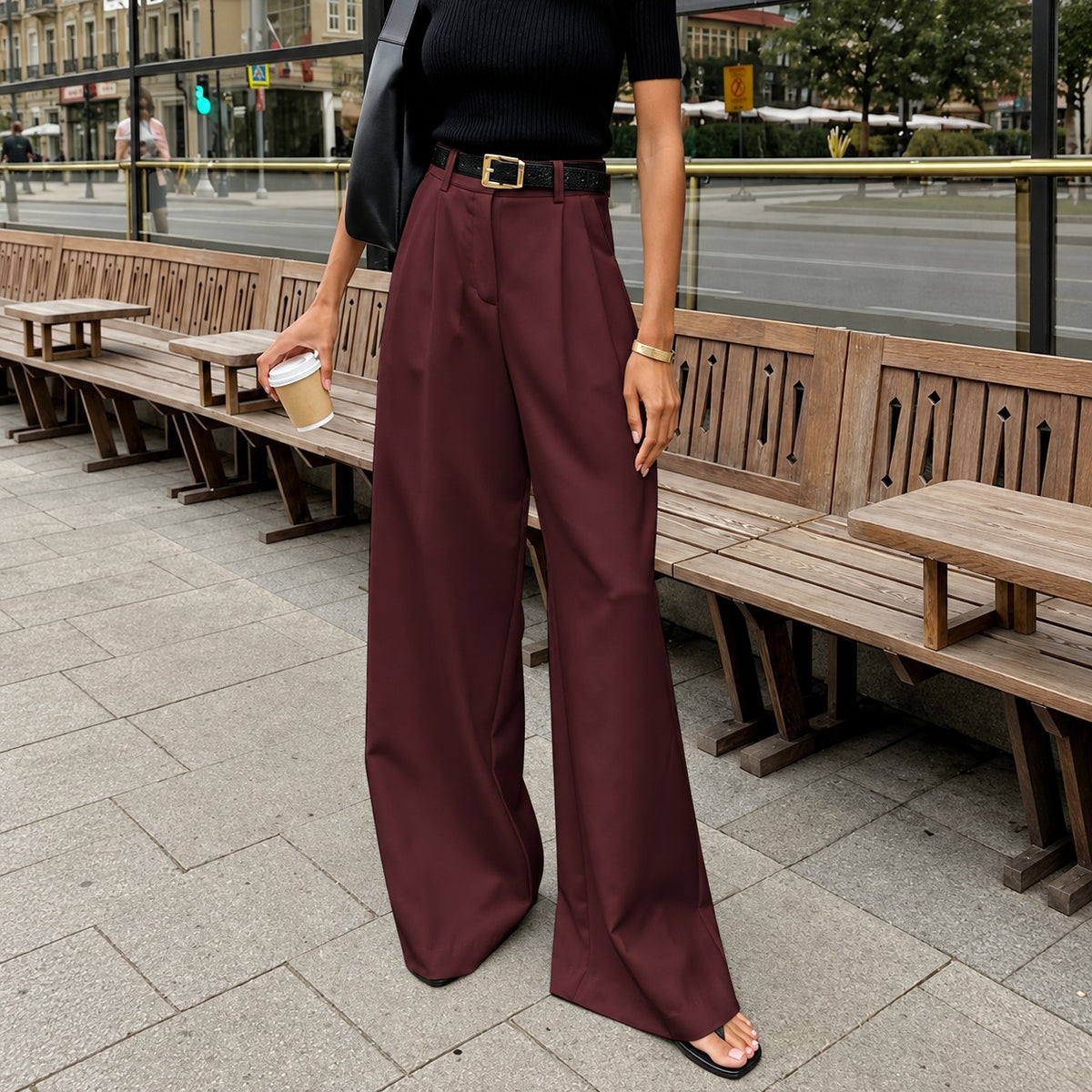 Damskie spodnie wide leg wysokie waisted z plisowanym detalem