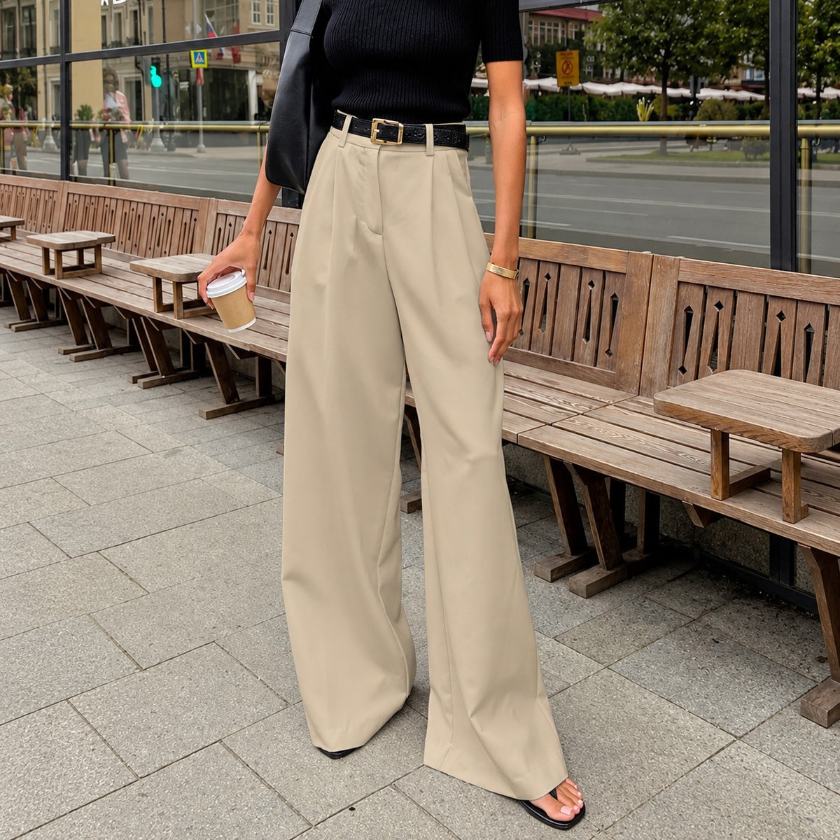 Damskie spodnie wide leg wysokie waisted z plisowanym detalem