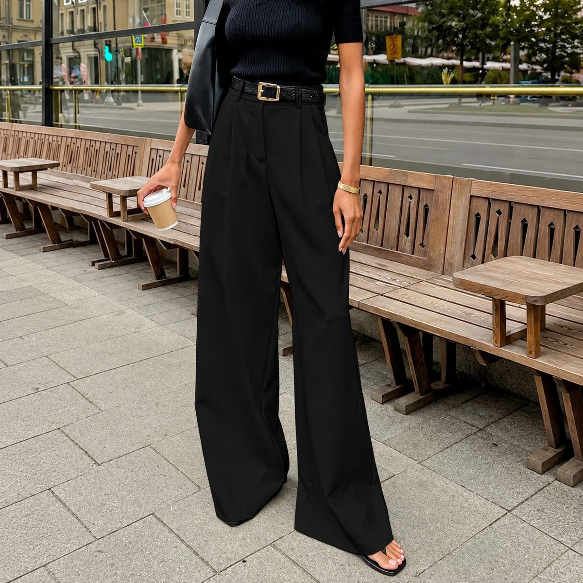 Damskie spodnie wide leg wysokie waisted z plisowanym detalem