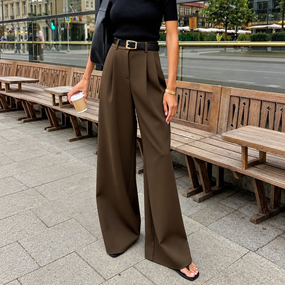 Damskie spodnie wide leg wysokie waisted z plisowanym detalem