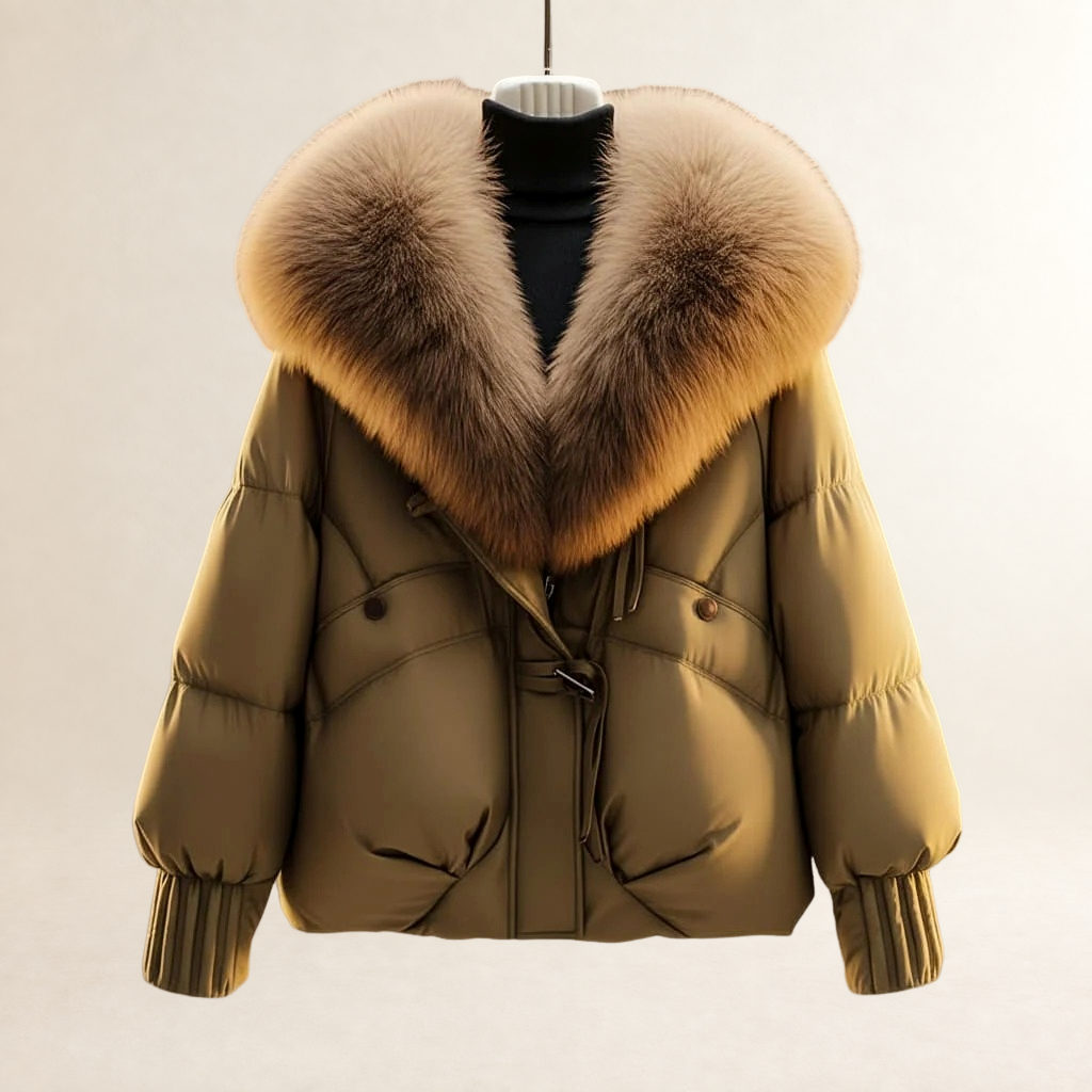 Kobieta Płaszcz puffer krótki z oversized kołnierzem i regulowanym pasem w talii