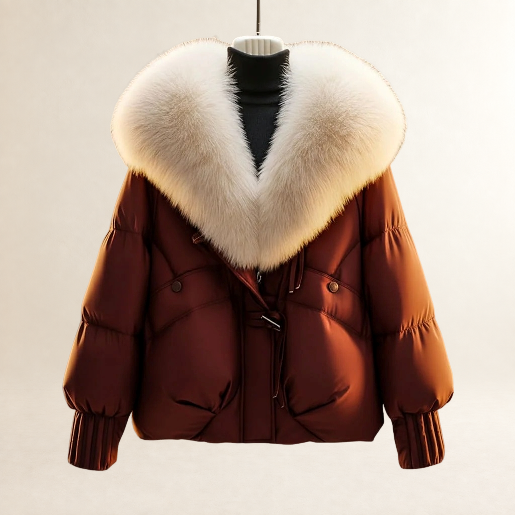 Kobieta Płaszcz puffer krótki z oversized kołnierzem i regulowanym pasem w talii