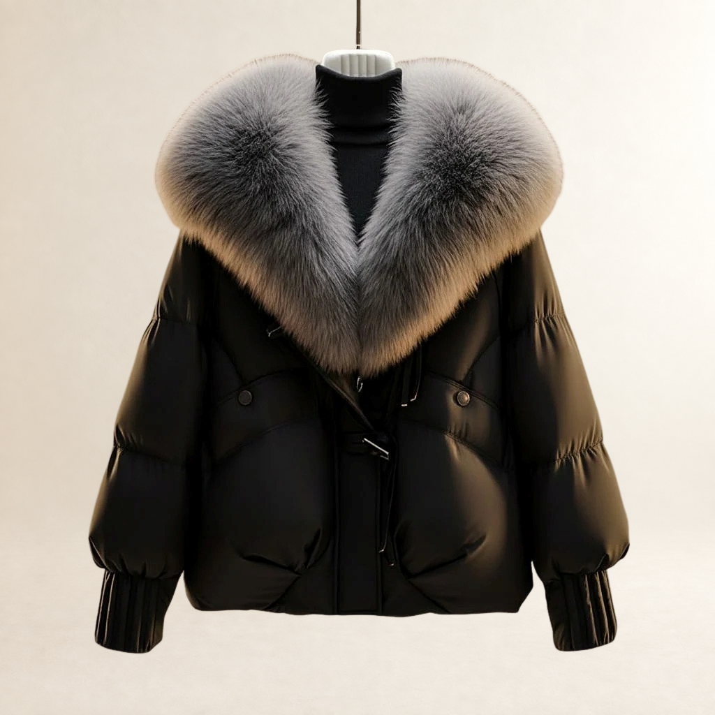 Kobieta Płaszcz puffer krótki z oversized kołnierzem i regulowanym pasem w talii