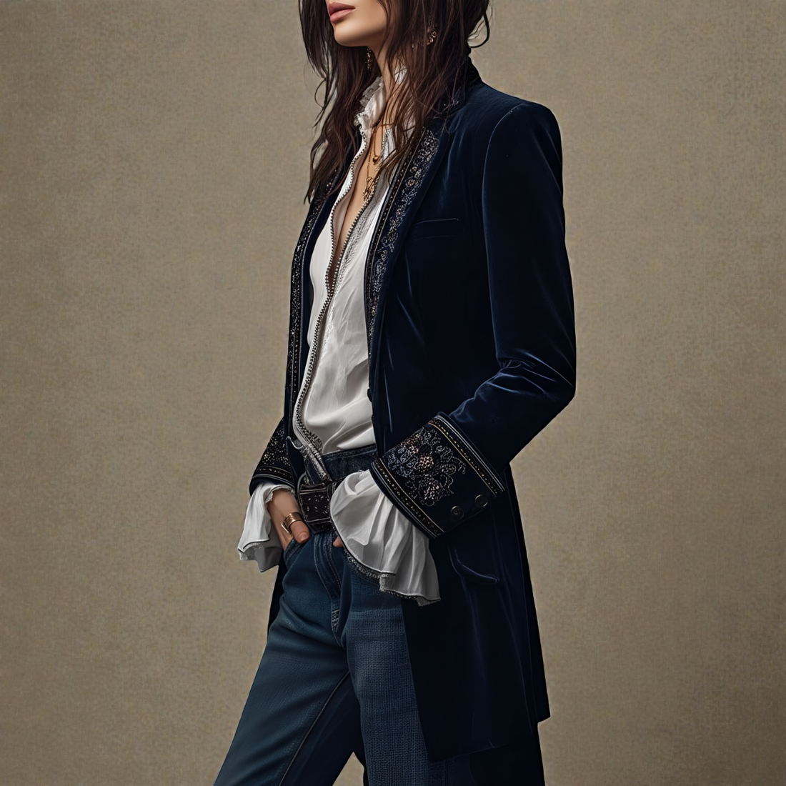 Kobiety Tailored Longline Jacket z haftowaną lamówką i szerokimi mankietami