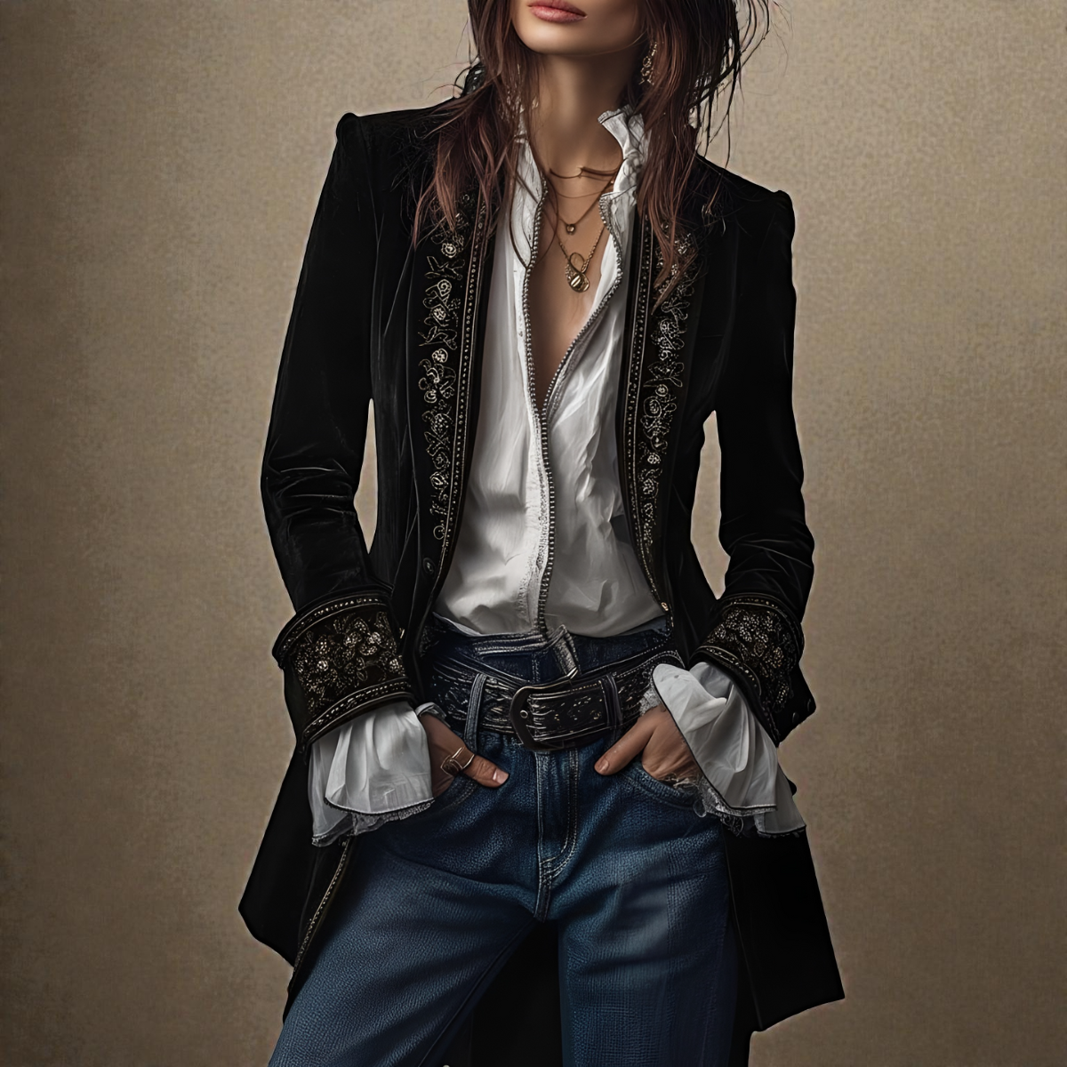 Kobiety Tailored Longline Jacket z haftowaną lamówką i szerokimi mankietami