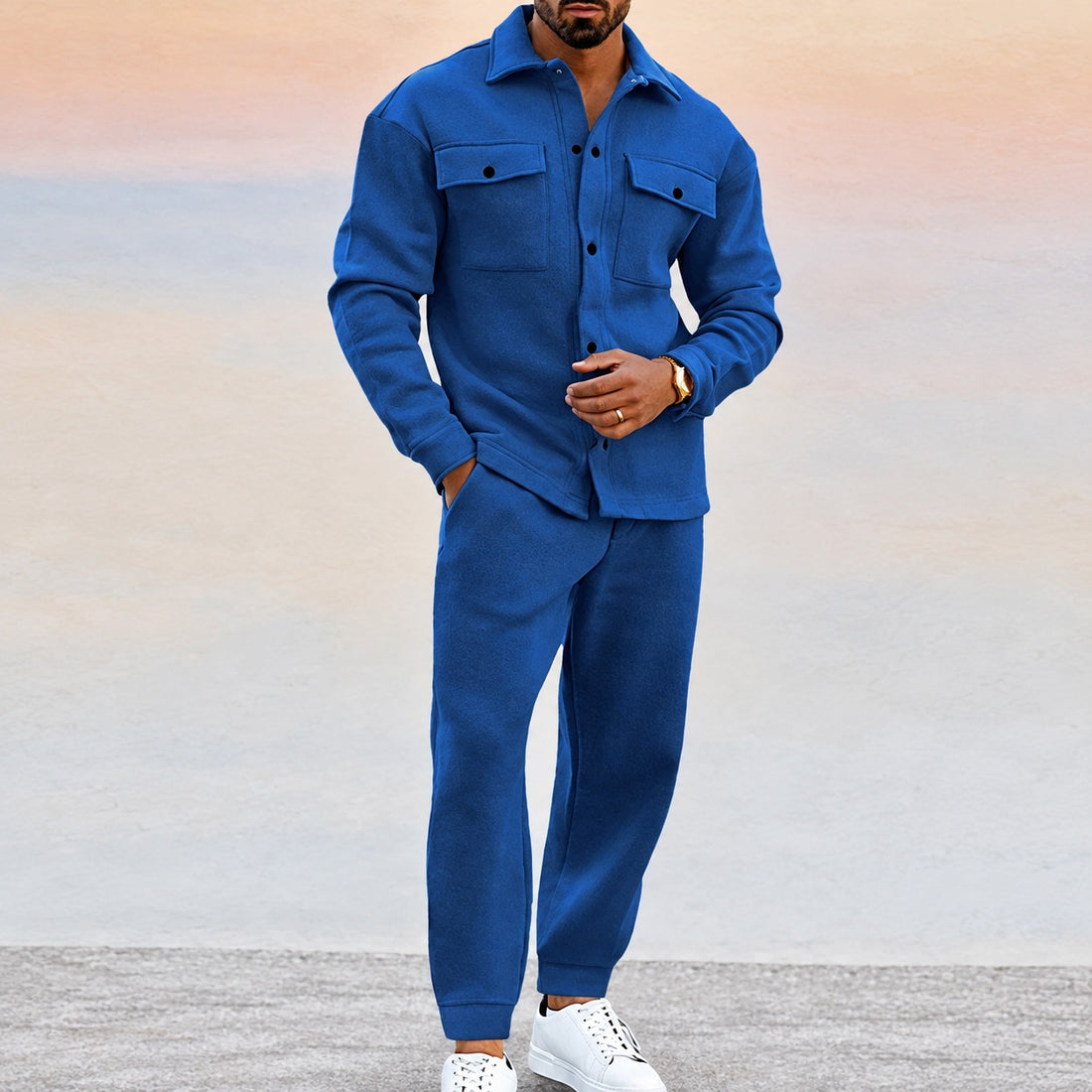 Męczny zestaw sportowy z kurtką na guziki i joggerami - relaxed fit