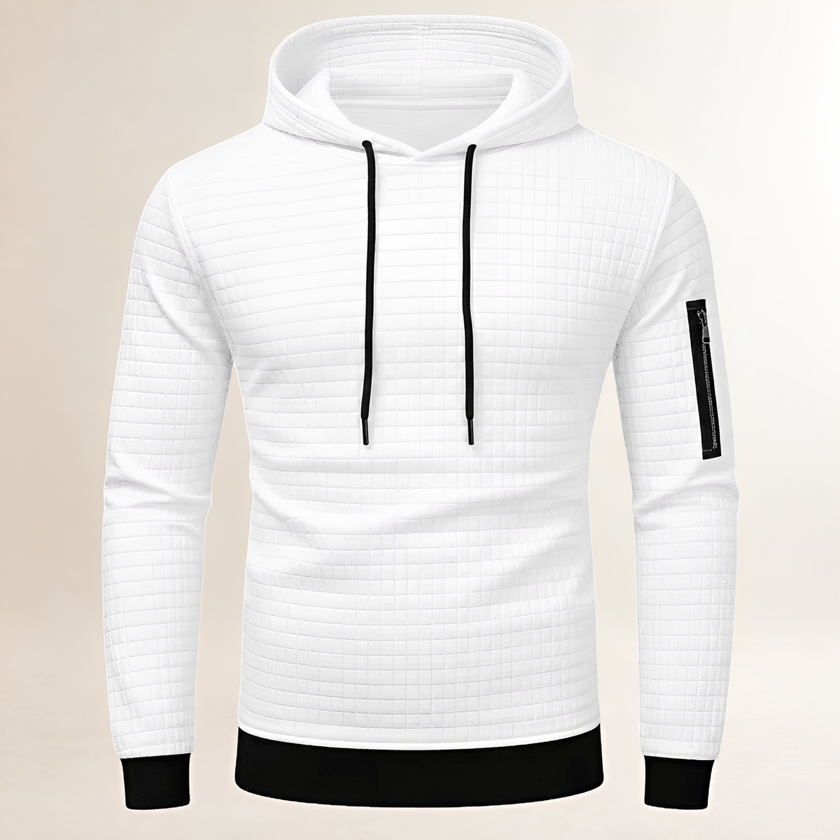 Męska bluza Hoodie dopasowana – kwadratowe przeszycia, kaptur, kieszeń na ramię i kangurka