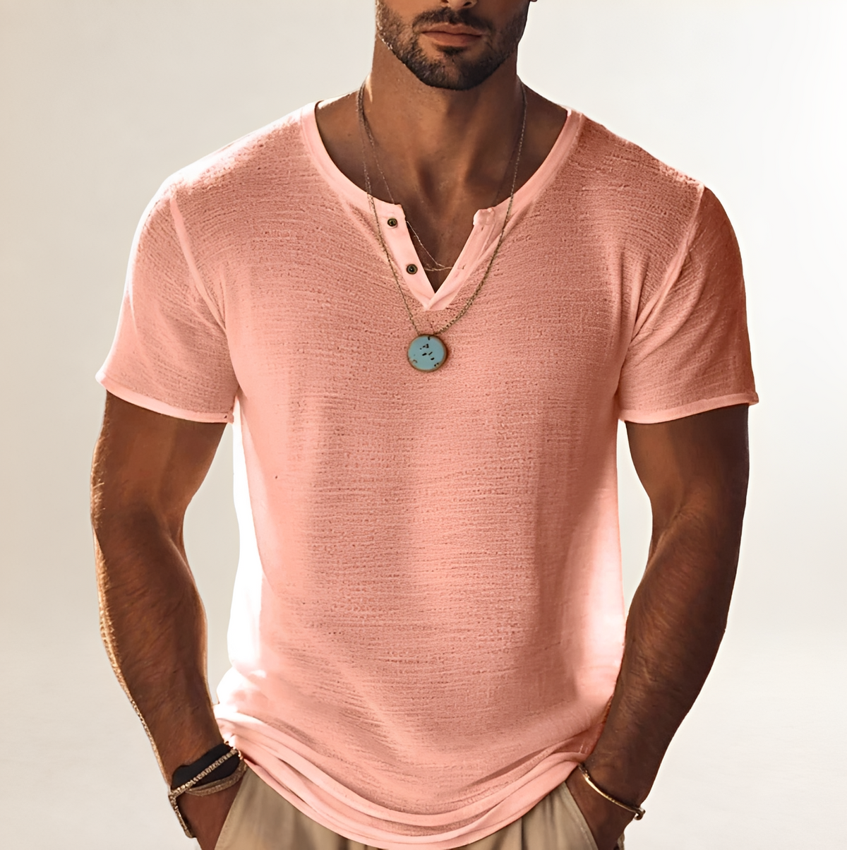 Męska koszula polo z krótkim rękawem Henley V-neck - luźny krój z teksturą
