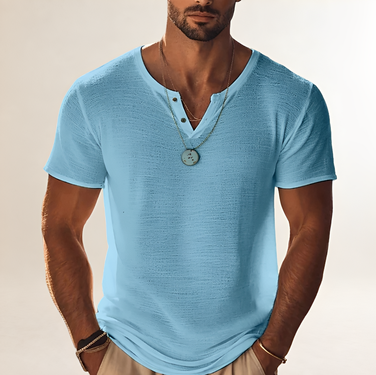 Męska koszula polo z krótkim rękawem Henley V-neck - luźny krój z teksturą