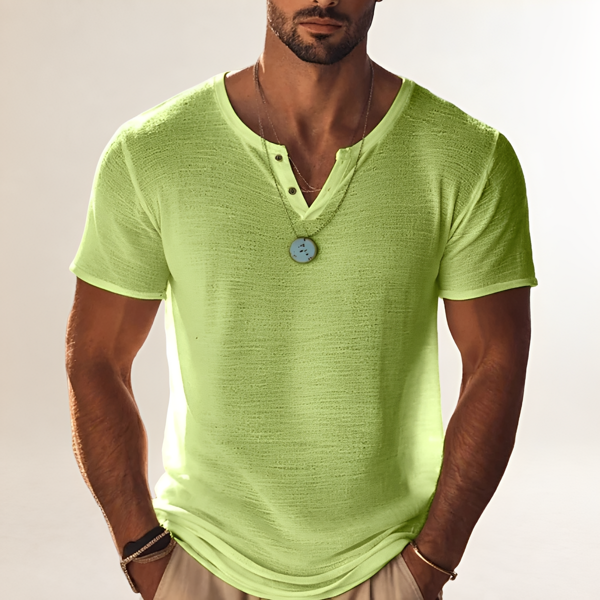 Męska koszula polo z krótkim rękawem Henley V-neck - luźny krój z teksturą