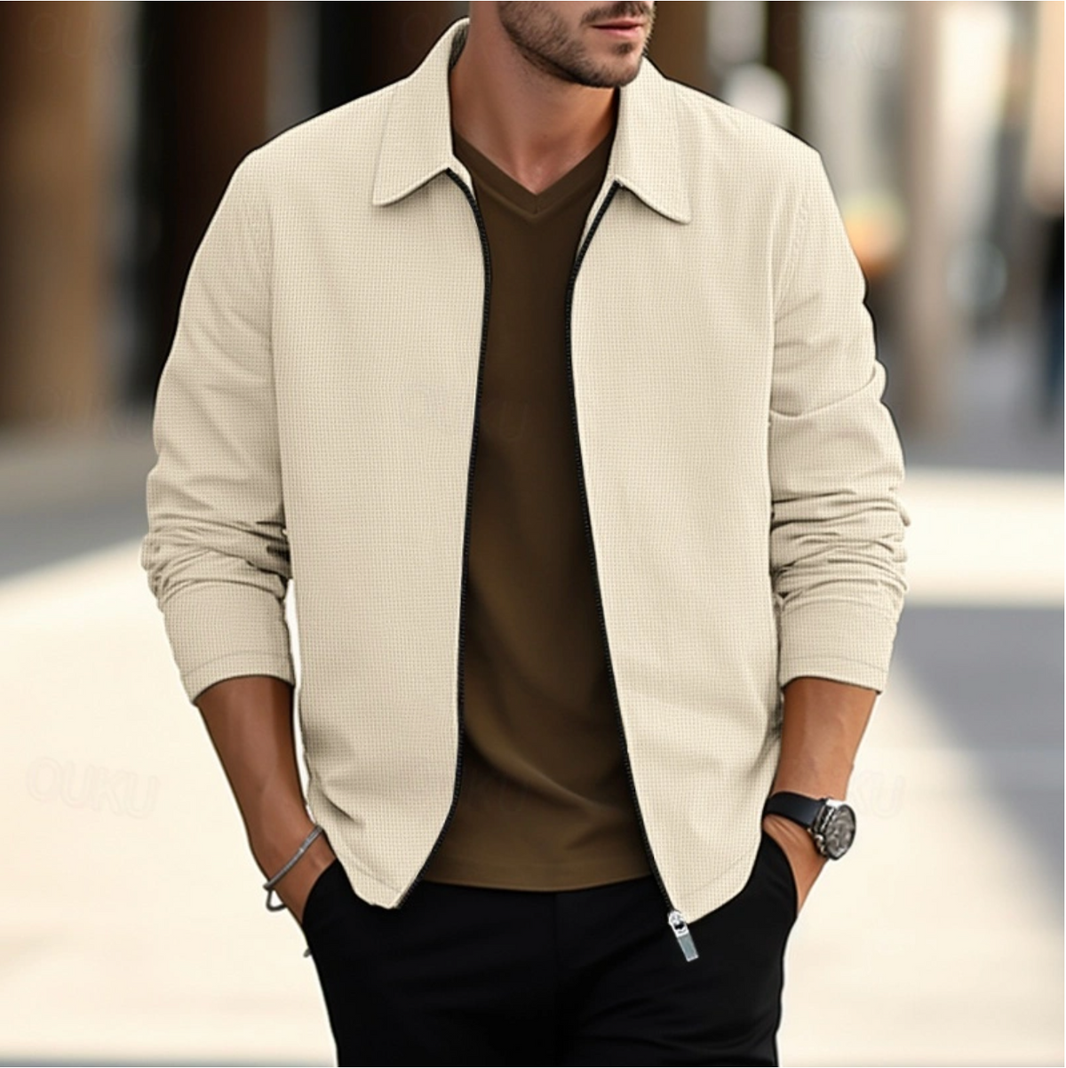 Męska koszula z długim rękawem, klasyczny kołnierzyk, zapięcie na zamek, krój slim fit.