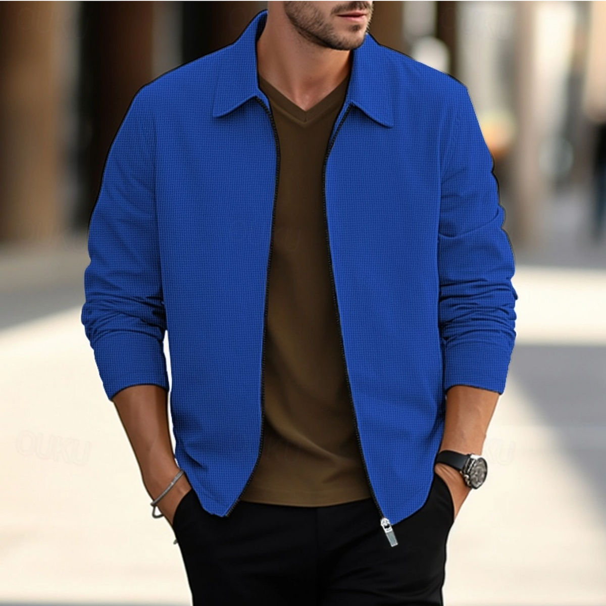 Męska koszula z długim rękawem, klasyczny kołnierzyk, zapięcie na zamek, krój slim fit.