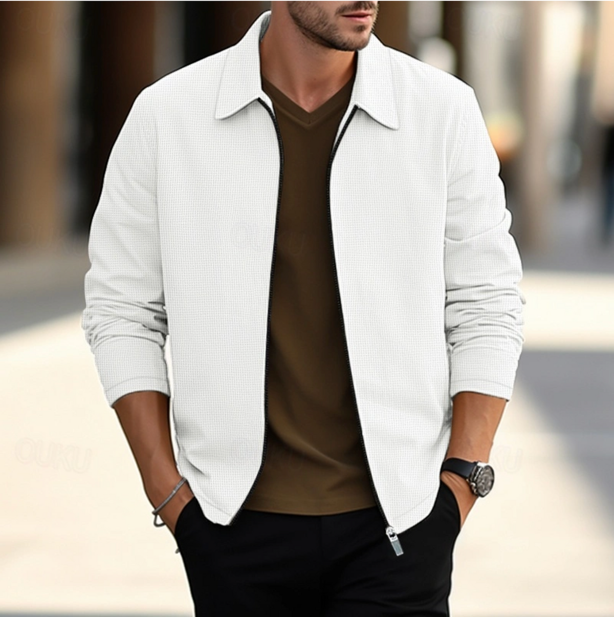 Męska koszula z długim rękawem, klasyczny kołnierzyk, zapięcie na zamek, krój slim fit.