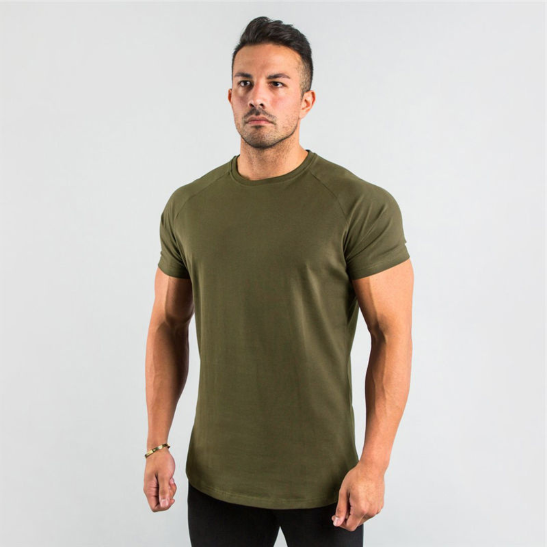 Męska koszulka T-shirt z zaokrąglonym wykończeniem i raglanowymi rękawami - długi zarys, dopasowanie slim