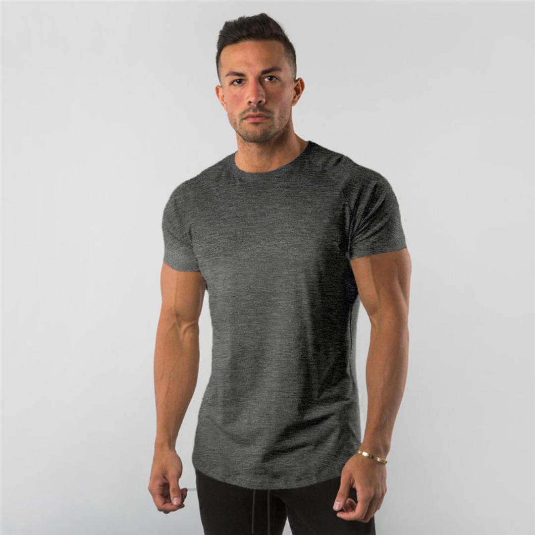 Męska koszulka T-shirt z zaokrąglonym wykończeniem i raglanowymi rękawami - długi zarys, dopasowanie slim