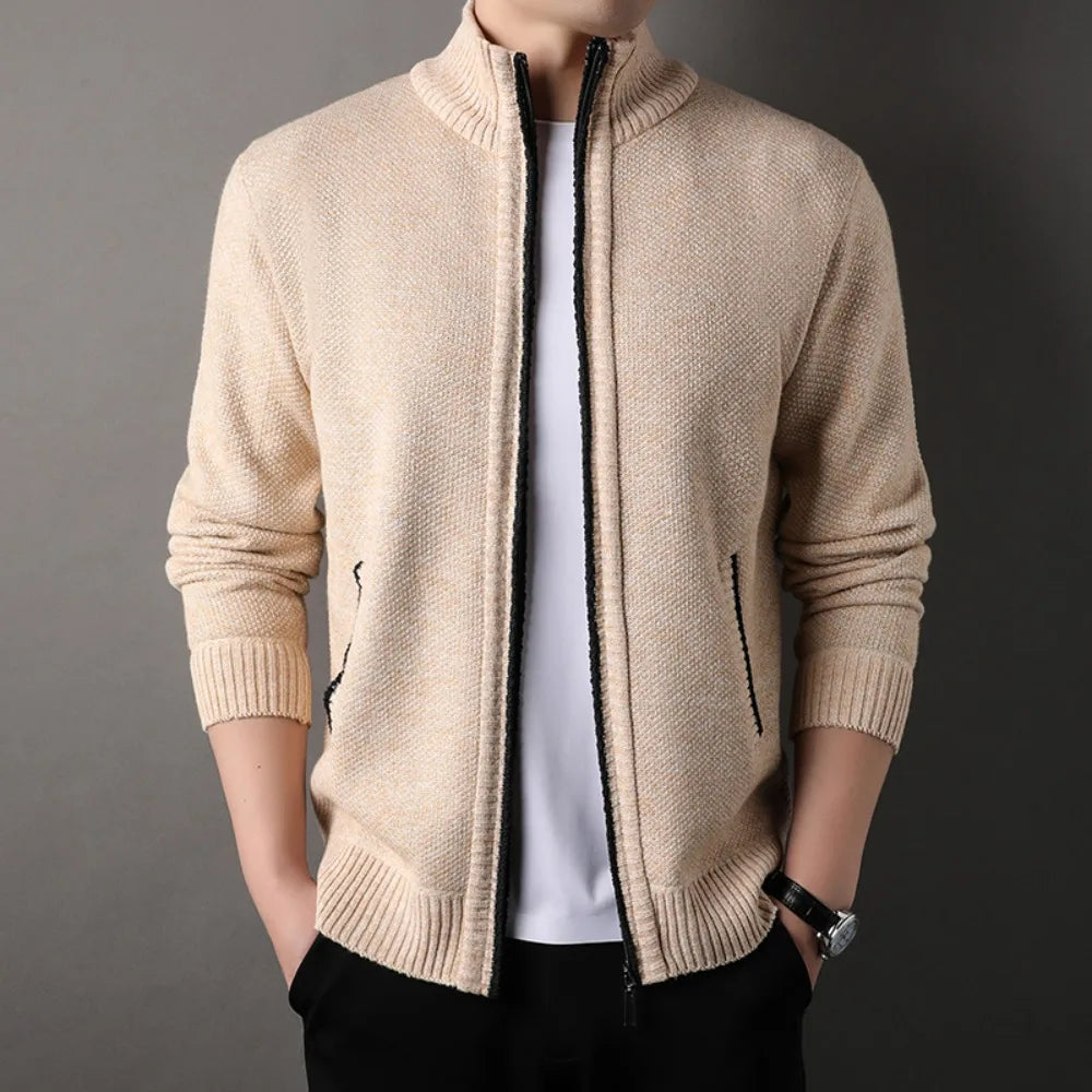 Męska kurtka full-zip stand-up collar z bocznymi kieszeniami i ribowanymi mankietami
