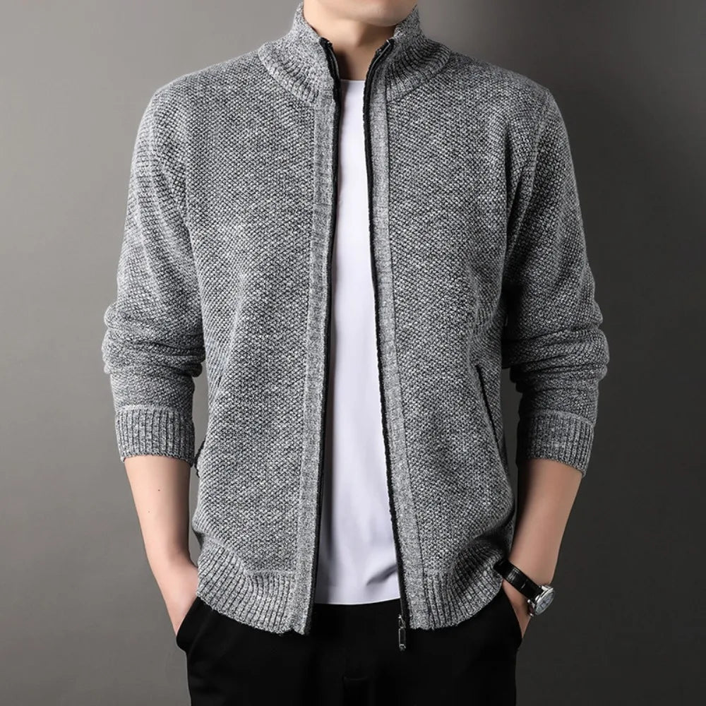 Męska kurtka full-zip stand-up collar z bocznymi kieszeniami i ribowanymi mankietami