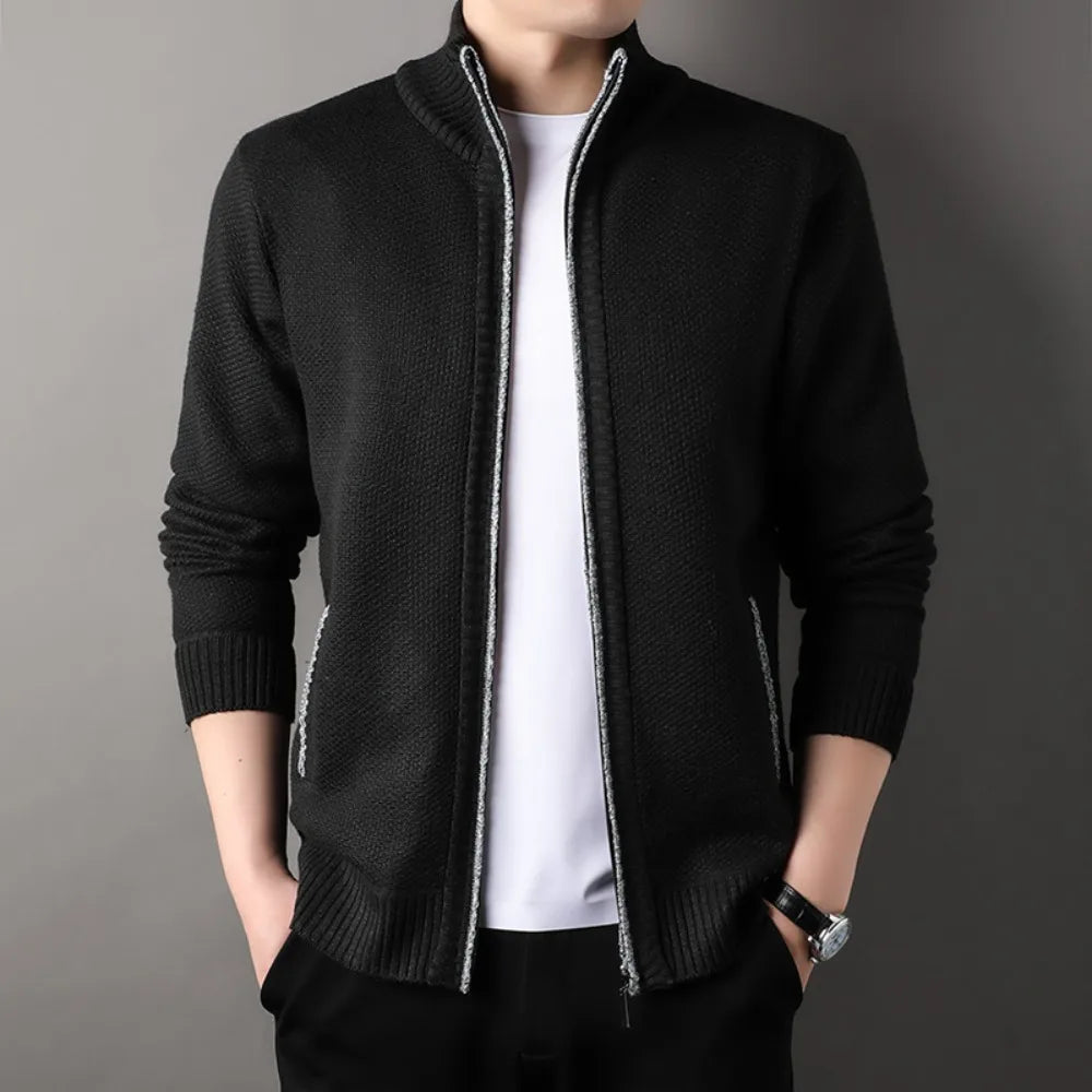 Męska kurtka full-zip stand-up collar z bocznymi kieszeniami i ribowanymi mankietami